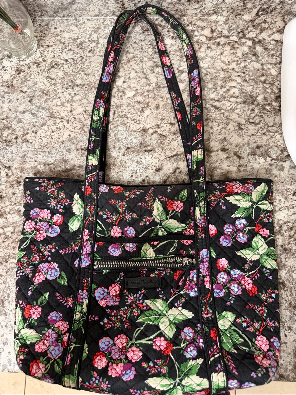 Vera Bradley Black Quilted Floral Tote with Pink & Purple Blooms